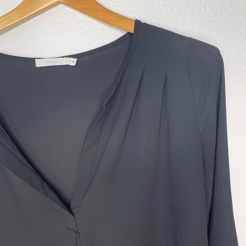 LUSH Sheer Split Neck Blouse in Black